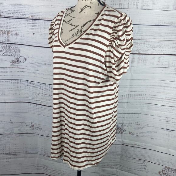 Green Envelope Shirt Womens 1X Striped Short Puff Sleeves Stretch V Neckline NEW - Picture 1 of 10